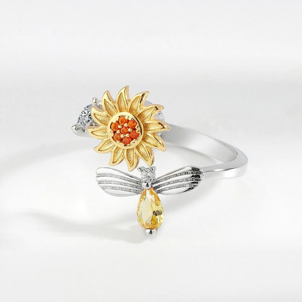 Sunflower & Bee - Ръчно изработен сребърен дамски пръстен